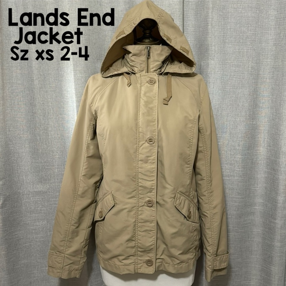 EUC Lands End Windbreaker Jacket-Sz XS (2-4)Sand-Nylon-Detachable Hood-Zip Up